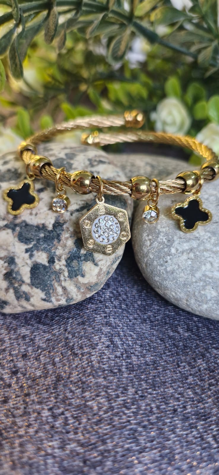 Luxury Bangle with Hexagonal, Clover and Crystal Drops Charms Handcuff