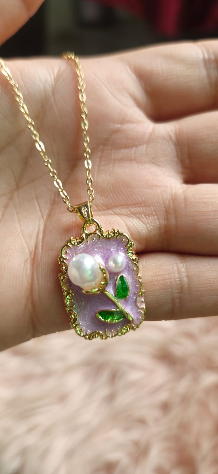 Lilac Tulip Pearl Enamel Pendant Necklace