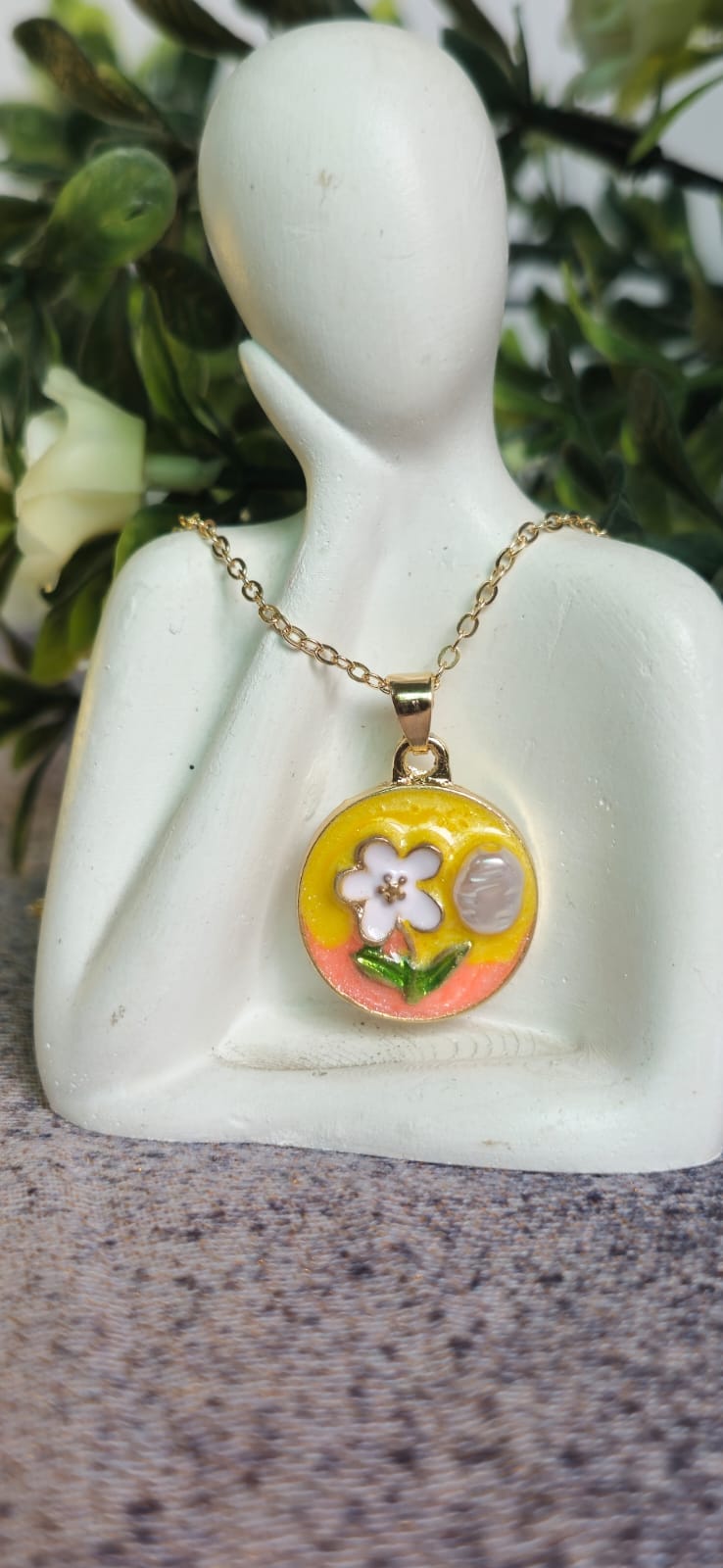 Floral Pearl Enamel Pendant Necklace