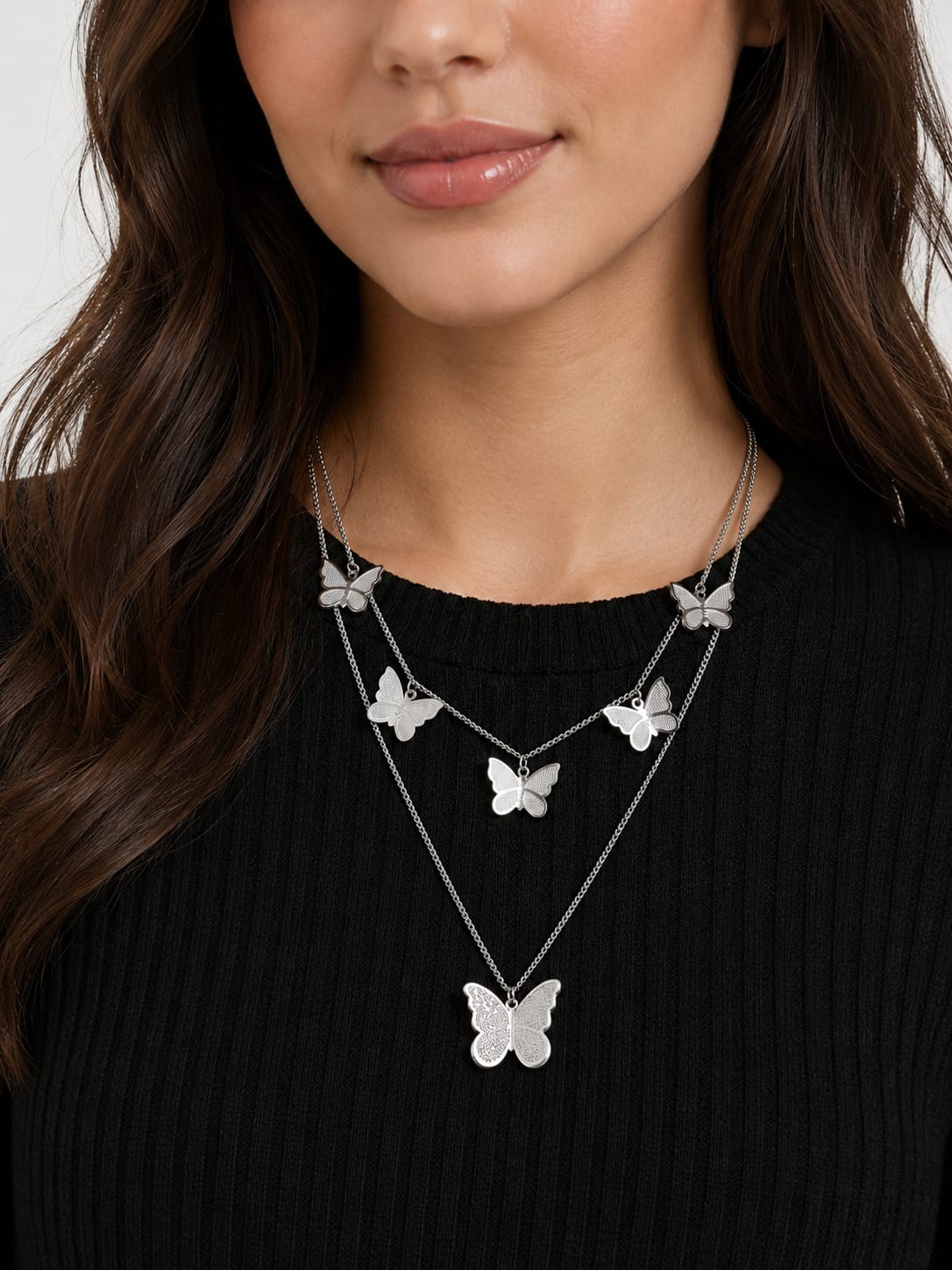 Silver Butterfly Double-Layered Necklace