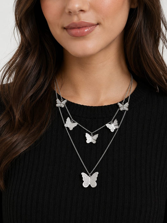 Silver Butterfly Double-Layered Necklace