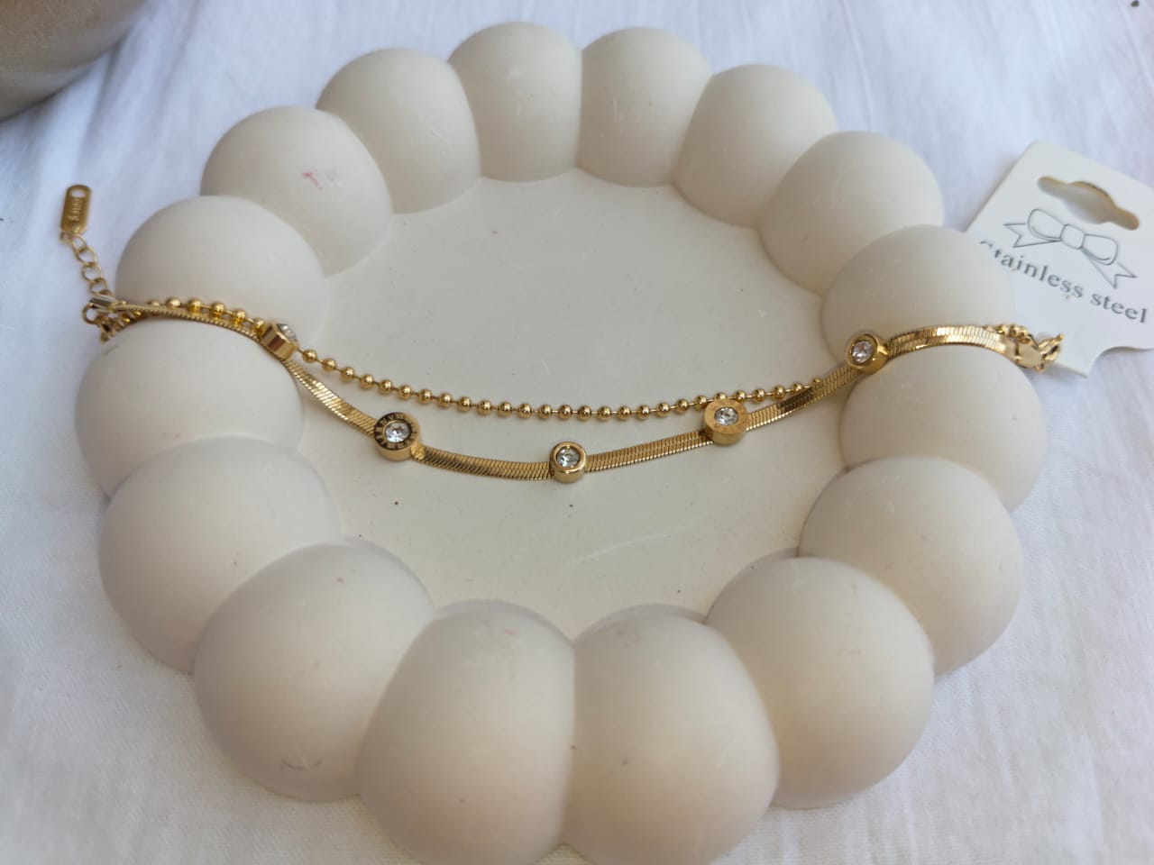 Luxury Double-Layered Herringbone & Bead Stainless Steel Bracelet (Gold Plated with Zircon Crystals)