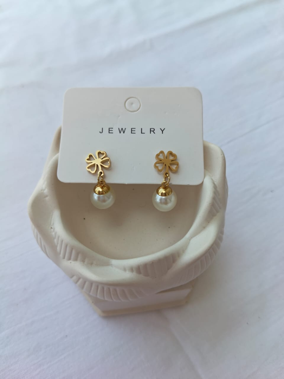 Elegant Four-Leaf Clover Pearl Drop Stainless Steel Earrings