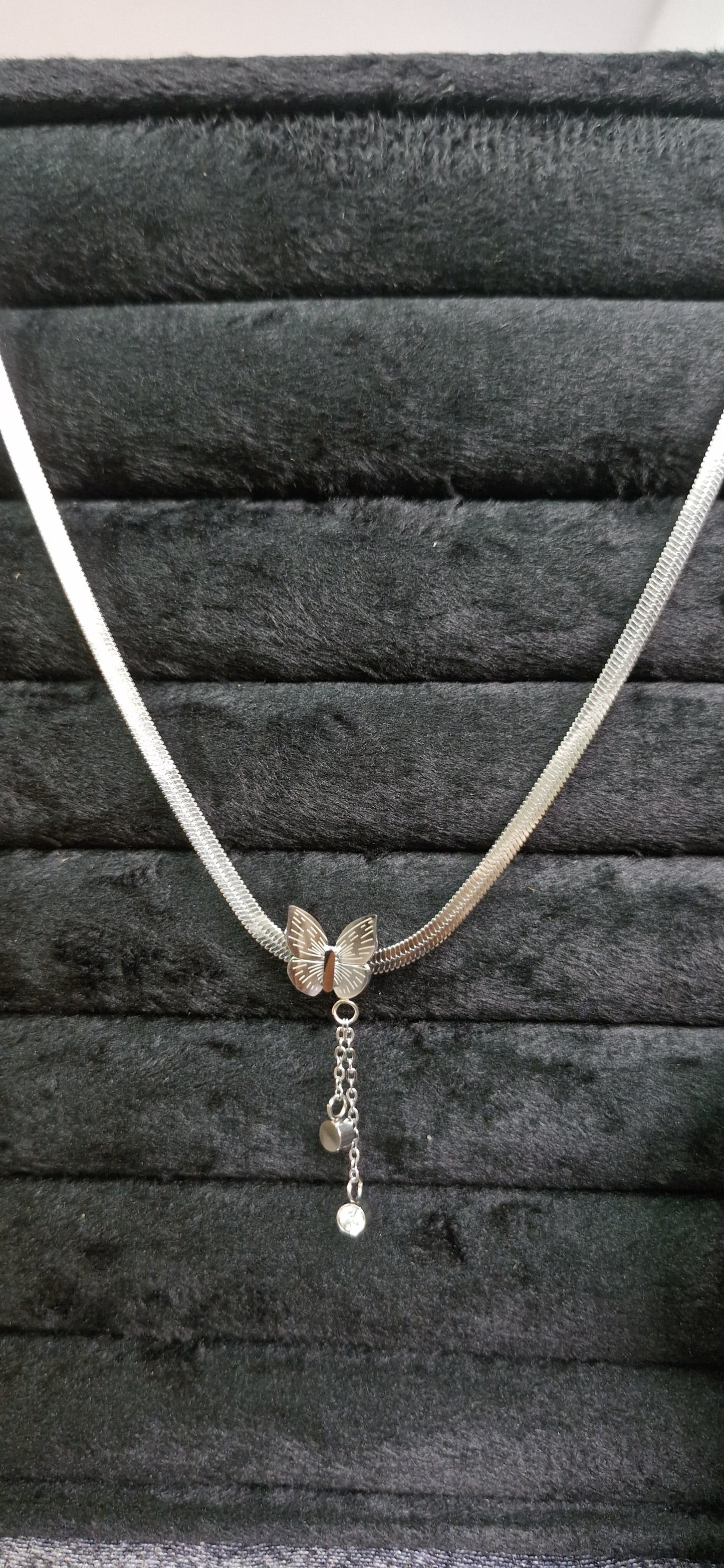 Elegant Butterfly Charm Silver Herringbone Necklace