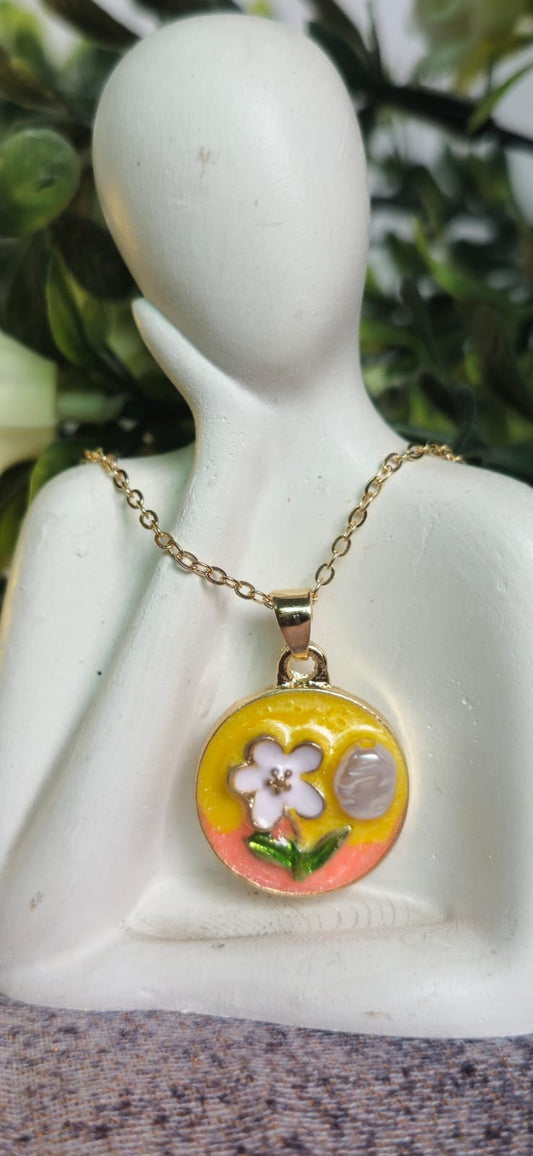 Floral Pearl Enamel Pendant Necklace