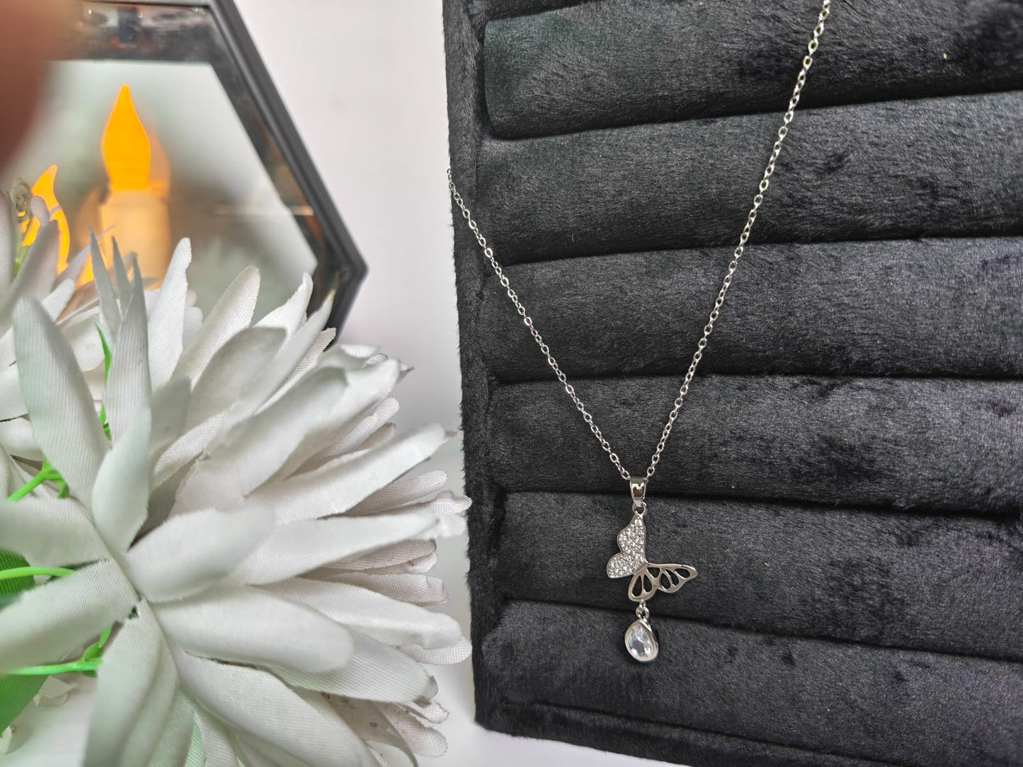 Elegant Butterfly Teardrop Crystal Pendant Necklace