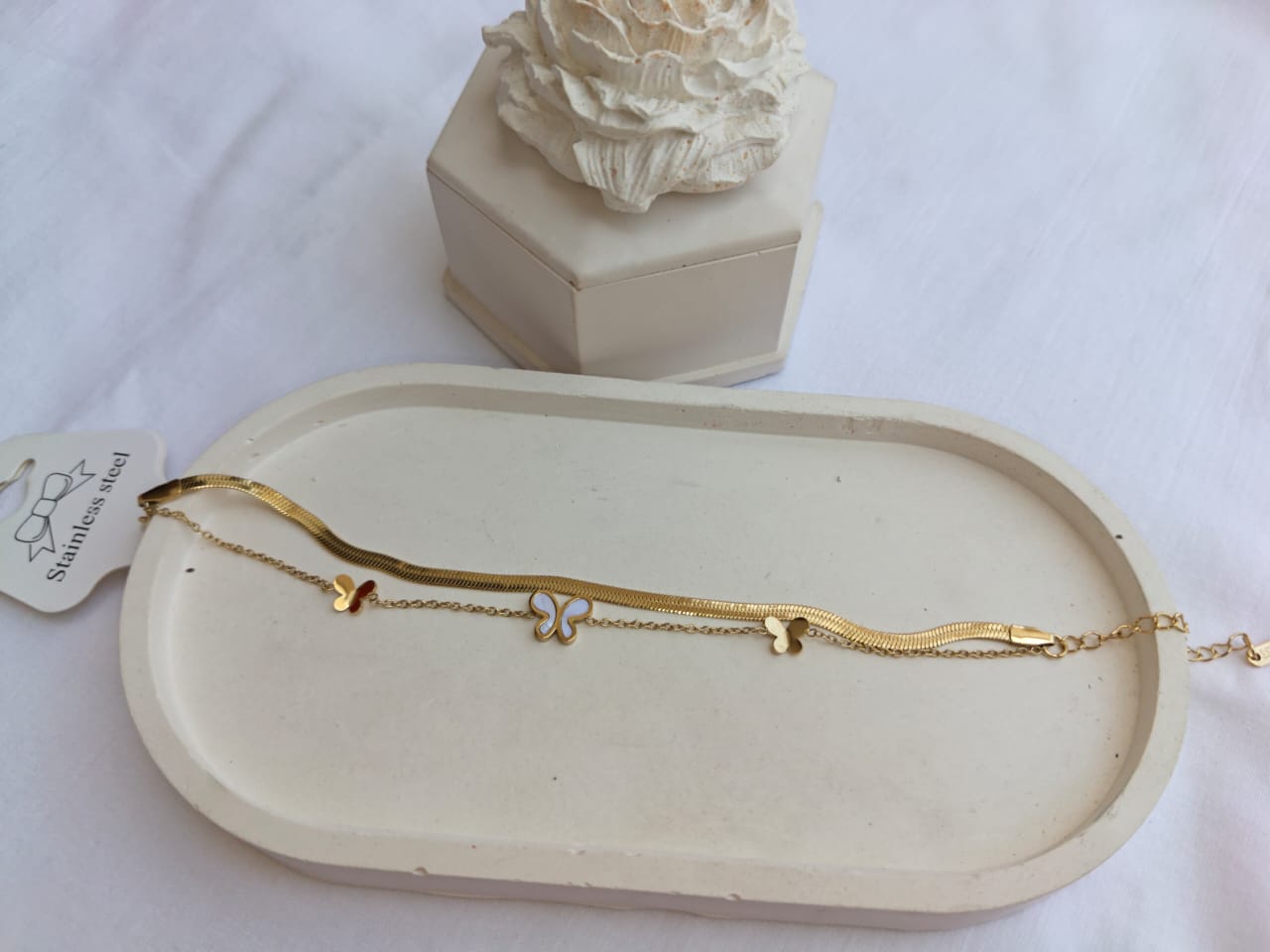 Chic Double-Layered Herringbone & Butterfly Bracelet (Gold Plated)
