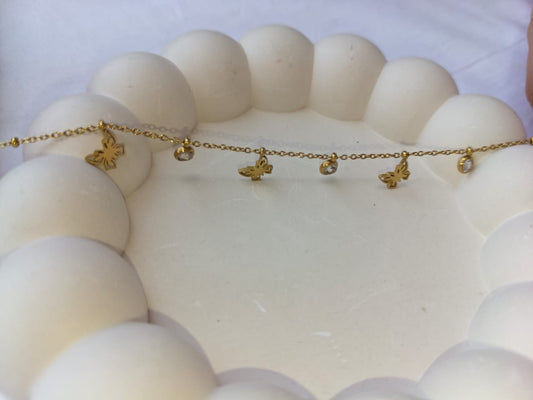 Dainty Butterfly & Zircon Charm Stainless Steel Bracelet (Gold Plated)