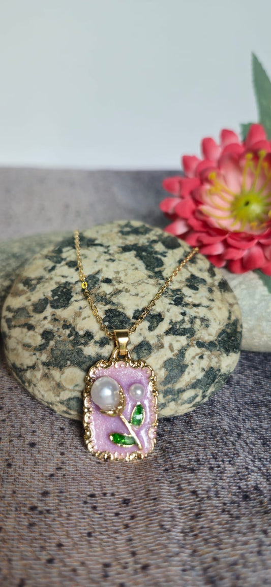 Lilac Tulip Pearl Enamel Pendant Necklace
