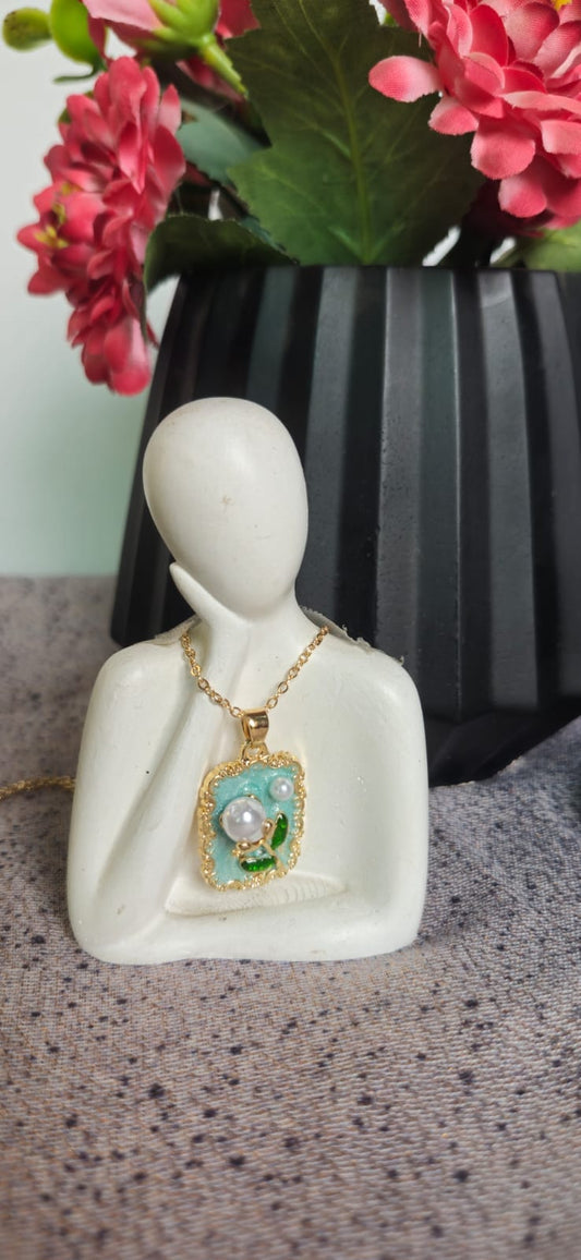 Powder Blue Tulip Pearl Enamel Pendant Necklace