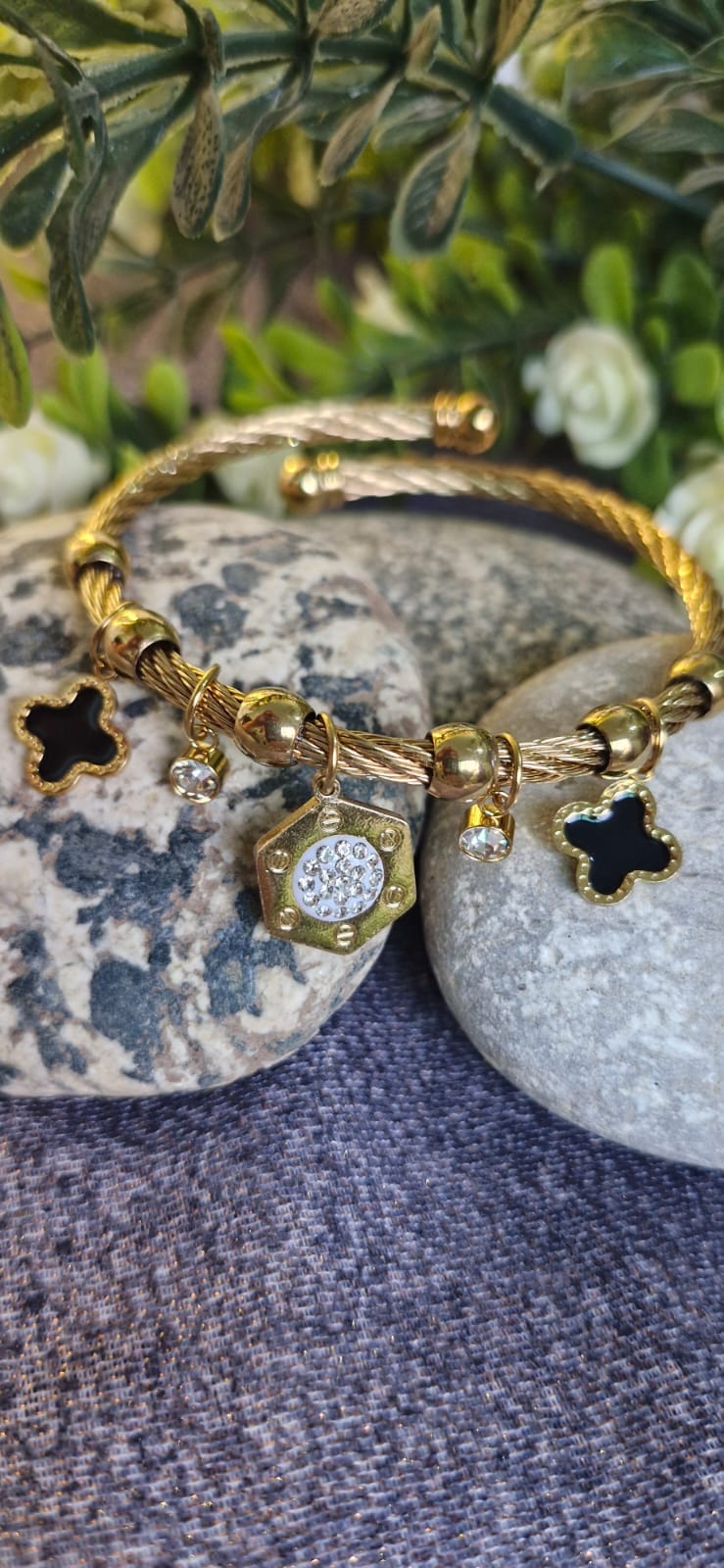 Luxury Bangle with Hexagonal, Clover and Crystal Drops Charms Handcuff