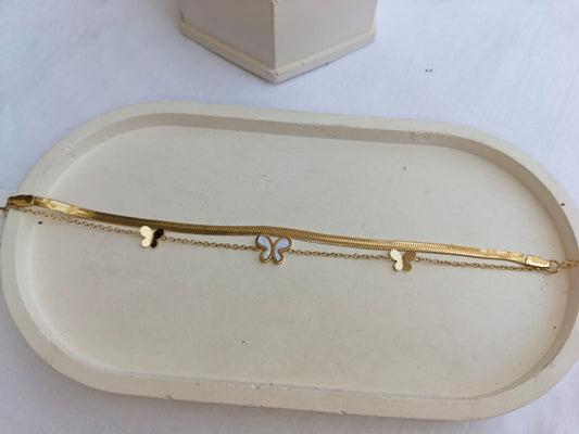 Chic Double-Layered Herringbone & Butterfly Bracelet (Gold Plated)