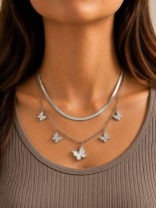 Butterfly Double Layered Necklace – Silver