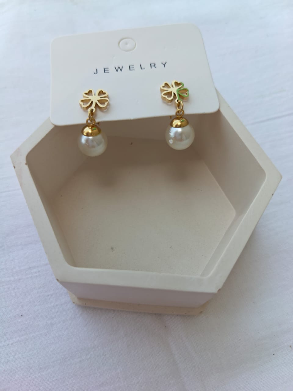 Elegant Four-Leaf Clover Pearl Drop Stainless Steel Earrings