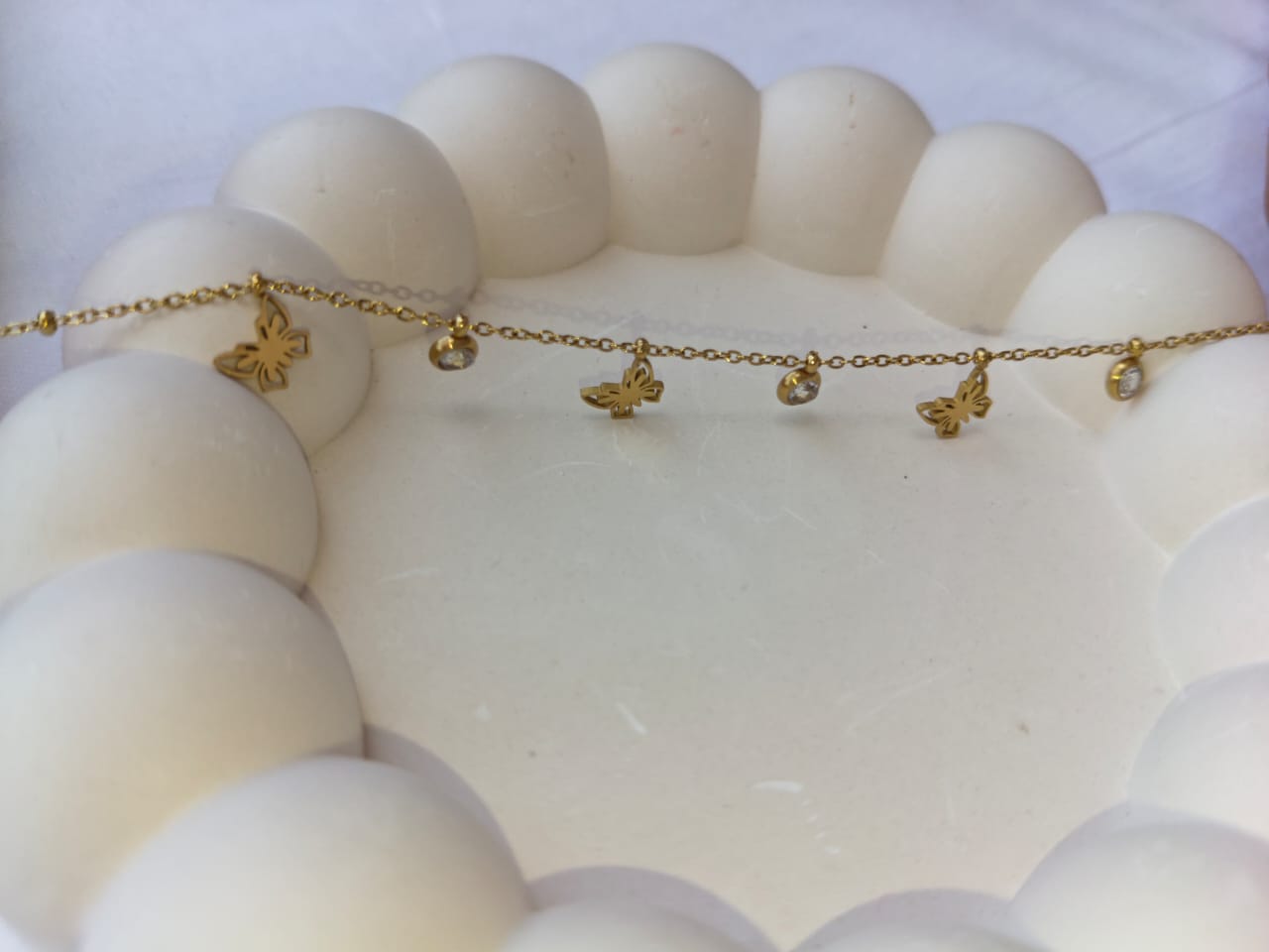 Dainty Butterfly & Zircon Charm Stainless Steel Bracelet (Gold Plated)
