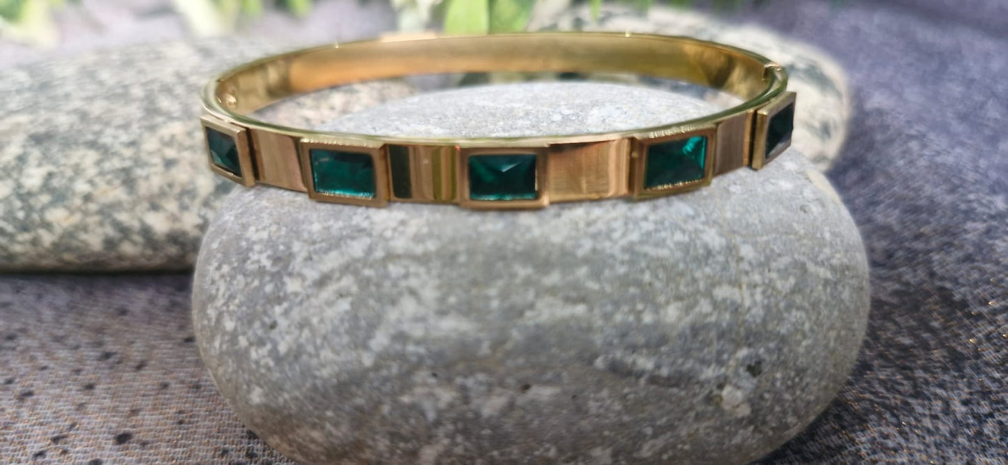 Gold-Tone Emerald Green Crystal Bangle Handcuff