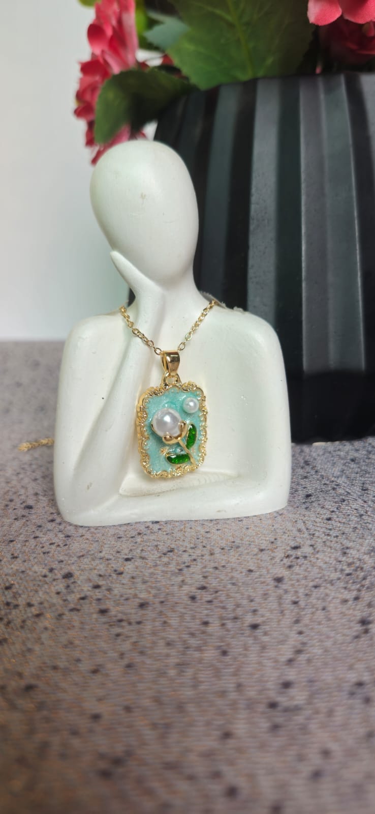 Powder Blue Tulip Pearl Enamel Pendant Necklace
