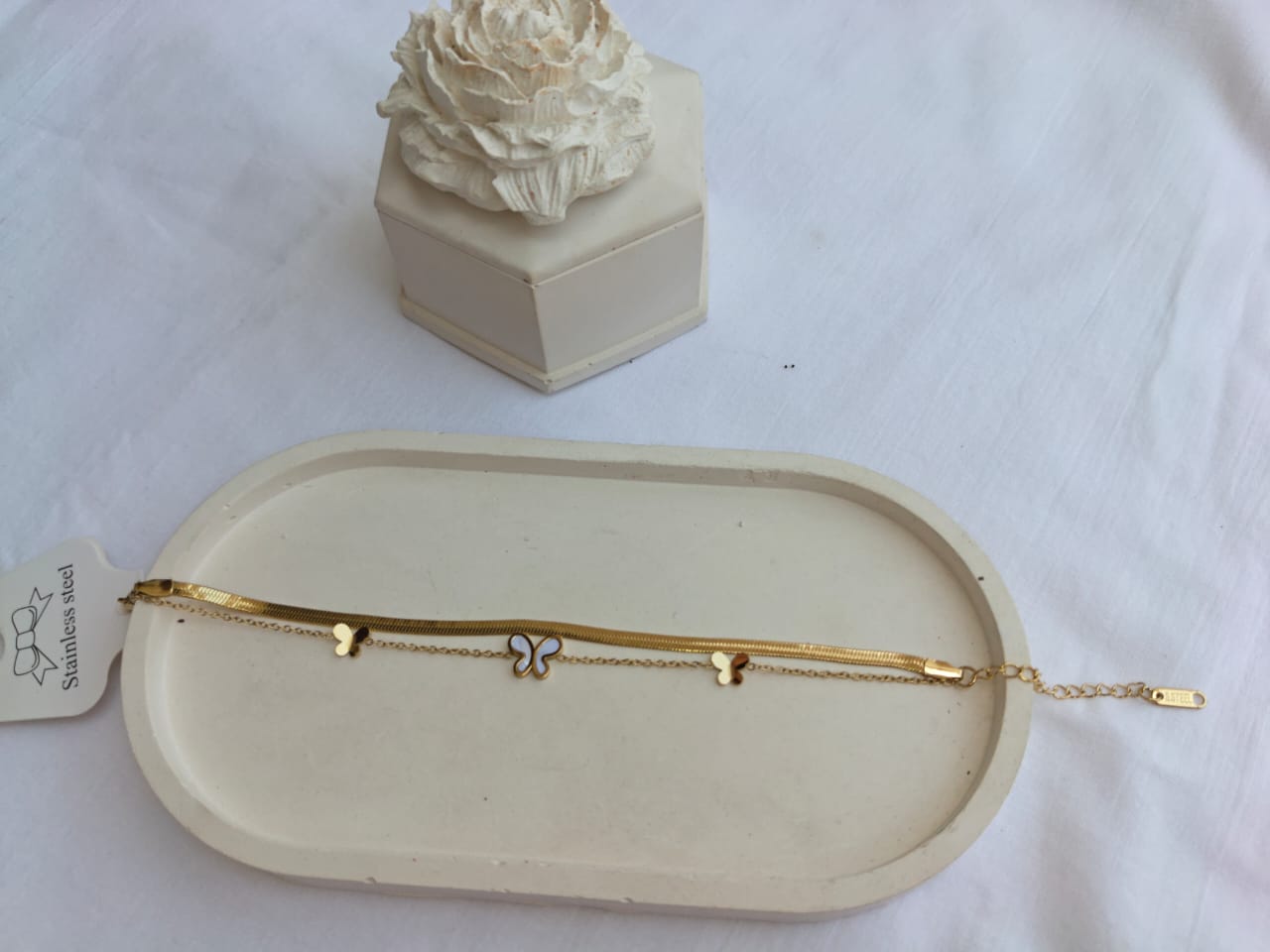 Chic Double-Layered Herringbone & Butterfly Bracelet (Gold Plated)