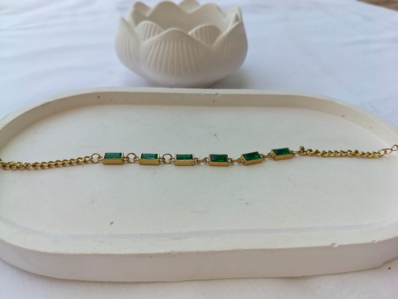 Elegant Emerald Green Stainless Steel Link Chain Bracelet (Gold Plated, 316L)