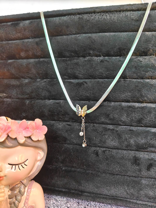 Elegant Butterfly Charm Silver Herringbone Necklace
