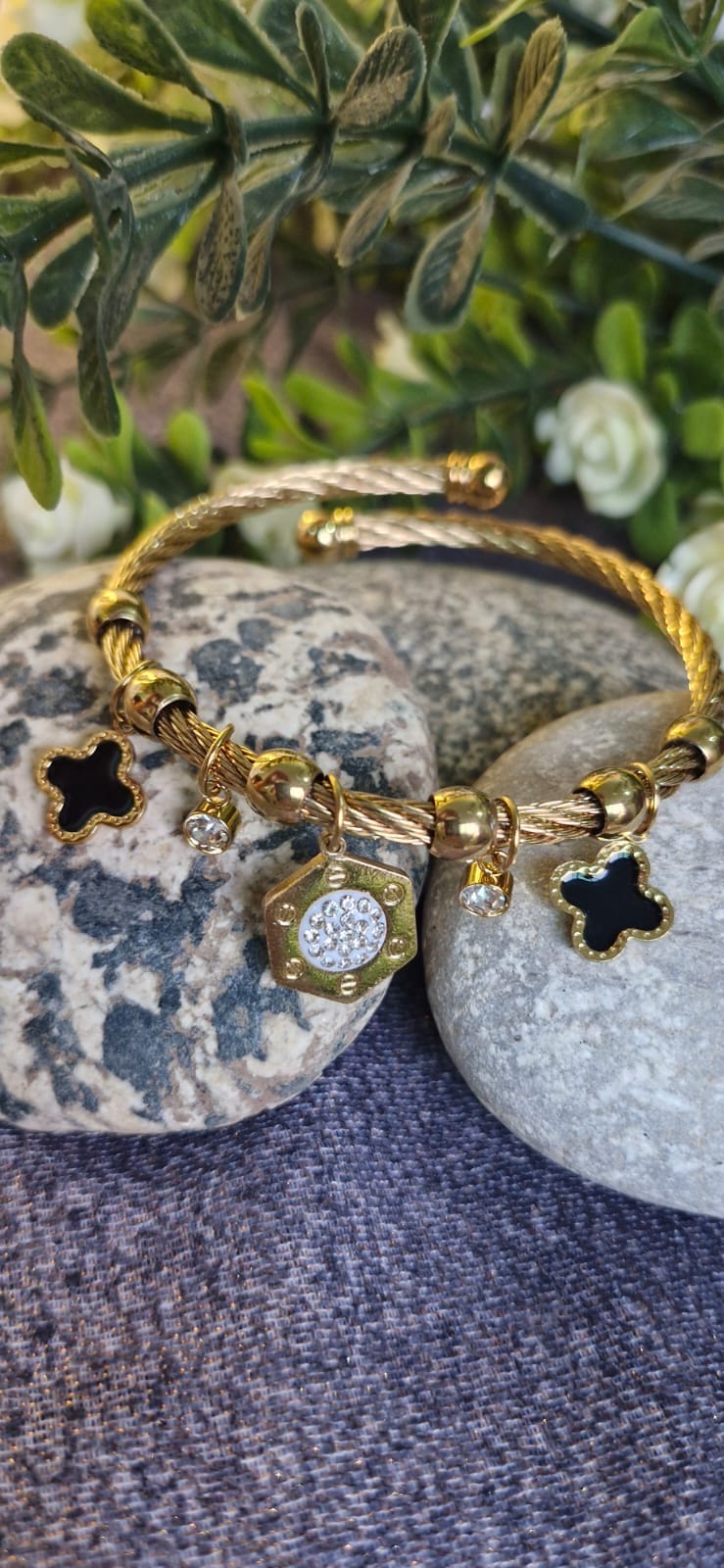 Luxury Bangle with Hexagonal, Clover and Crystal Drops Charms Handcuff