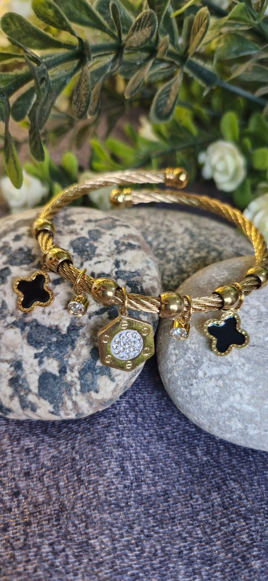 Luxury Bangle with Hexagonal, Clover and Crystal Drops Charms Handcuff