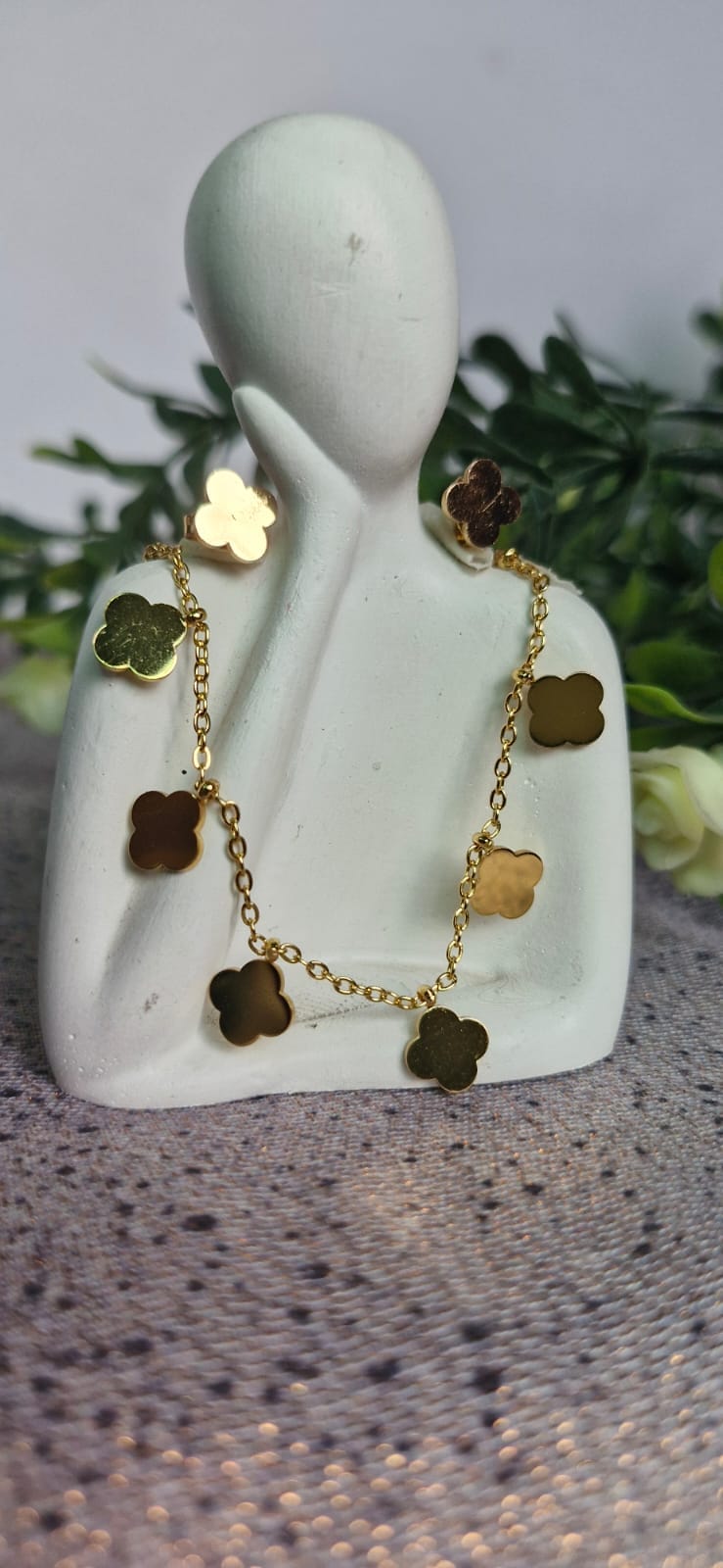 Gold Clover Necklace & Stud Earrings Set